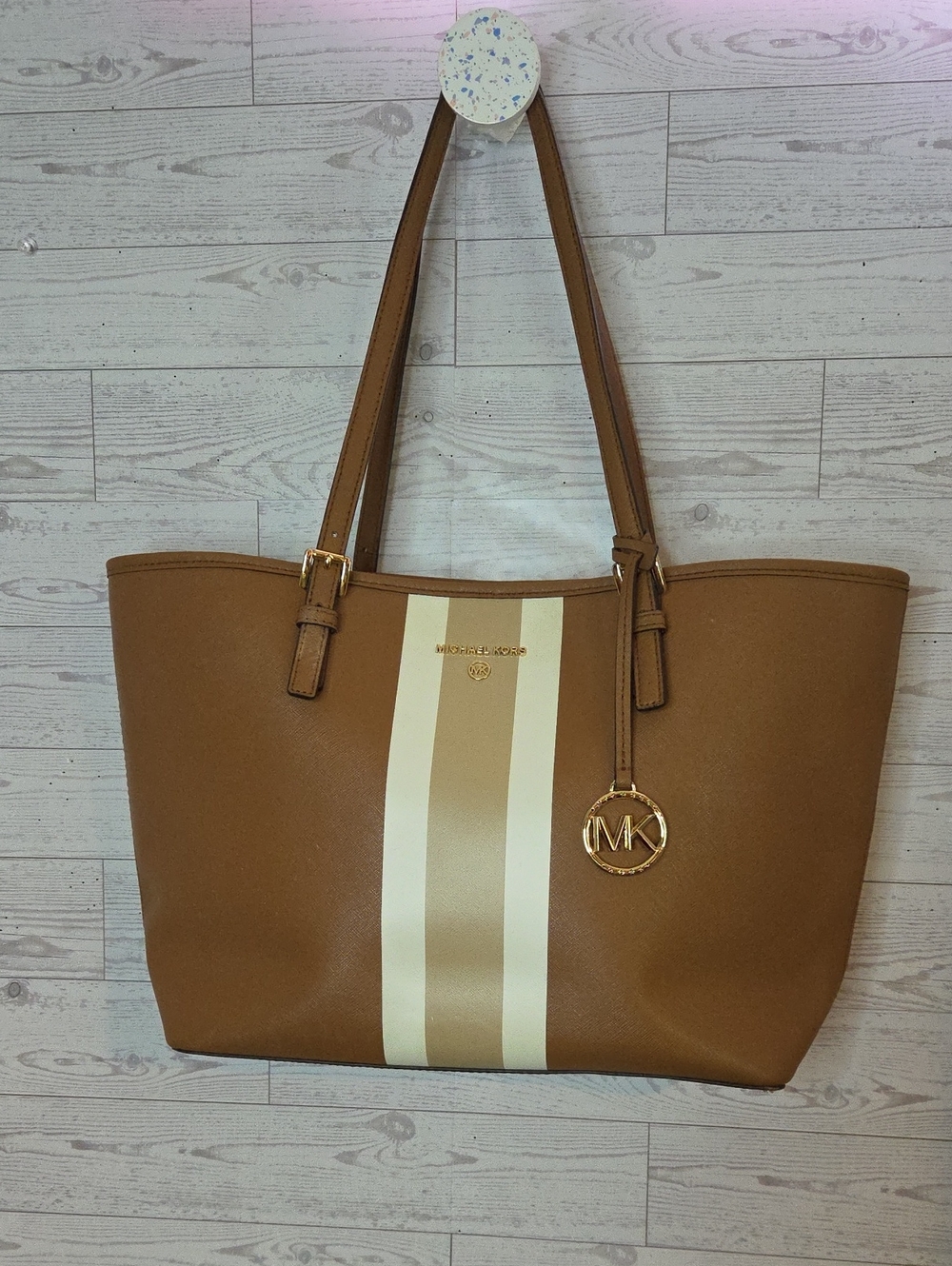 Michael Kors Brown Tote with Cream and Beige Center Stripes